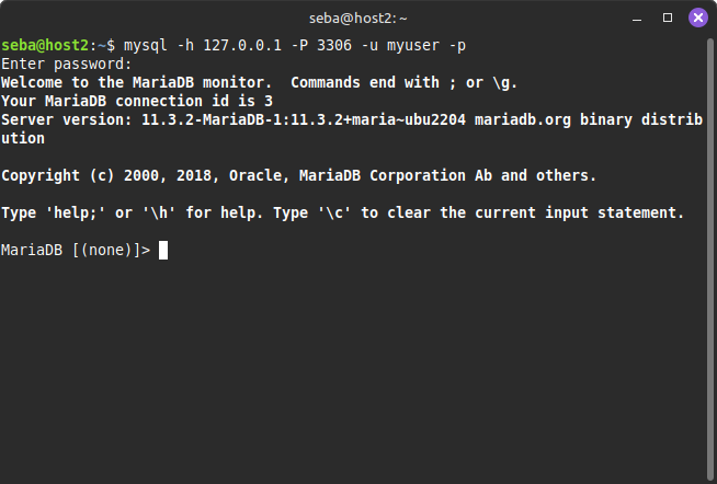 mysql -h 127.0.0.1 -P 3306 -u myuser -p